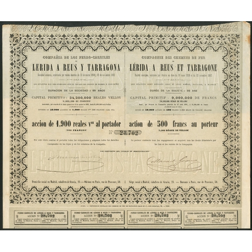 296 - Spain: Compaña de los Ferro-Carriles de Lerida a Reus y Tarragona, 1900 reales vellon share, ... 