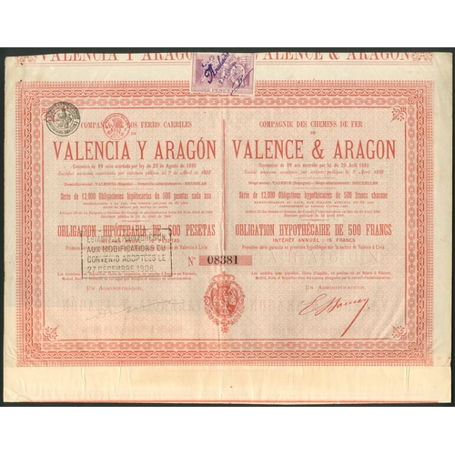 299 - Spain: Compañia de los Ferro Carriles de Valencia y Aragón, Mortgage bond for 500 pese... 