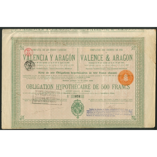 299 - Spain: Compañia de los Ferro Carriles de Valencia y Aragón, Mortgage bond for 500 pese... 