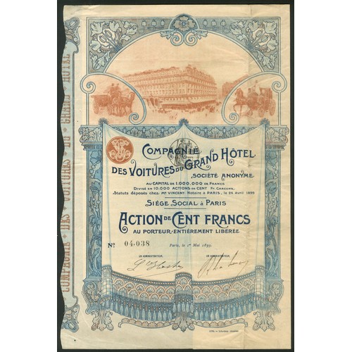 241 - ** France: Compagnie des Voitures du Grand Hotel, 100 franc share, 1899, #04038, vignettes of horse ... 