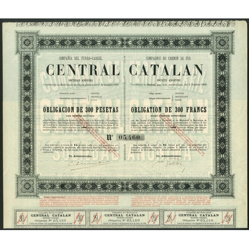 300 - Spain: Compañia del Ferro-Carril Central Catalan, 500 peseta share, 1890, #02277, ornate border, blu... 