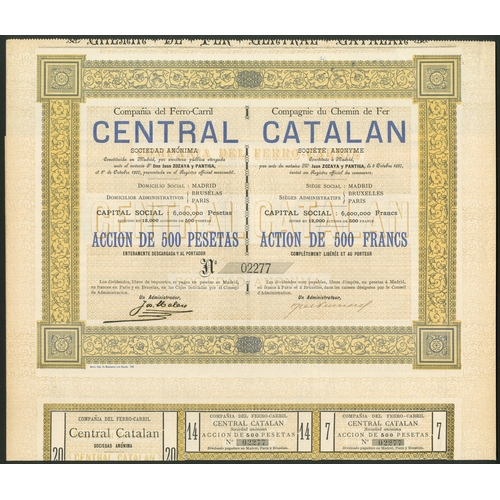 300 - Spain: Compañia del Ferro-Carril Central Catalan, 500 peseta share, 1890, #02277, ornate border, blu... 