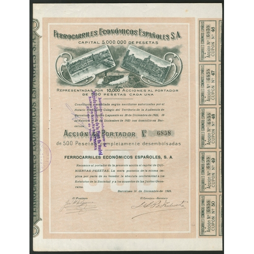 326 - Spain: Ferrocarriles Económicos Españoles S.A., 500 peseta share, February 1923, 2 examples, 1 with ... 