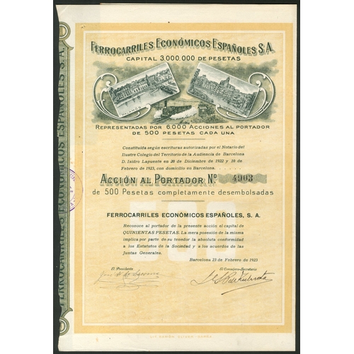 326 - Spain: Ferrocarriles Económicos Españoles S.A., 500 peseta share, February 1923, 2 examples, 1 with ... 