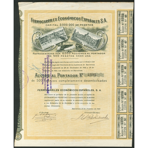 326 - Spain: Ferrocarriles Económicos Españoles S.A., 500 peseta share, February 1923, 2 examples, 1 with ... 