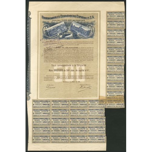 326 - Spain: Ferrocarriles Económicos Españoles S.A., 500 peseta share, February 1923, 2 examples, 1 with ... 