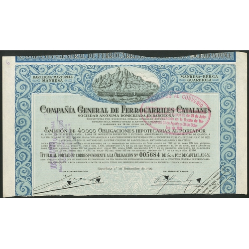 301 - Spain: Compañia General de Ferrocarriles Catalanes, a good series of bonds comprising 500 pes... 