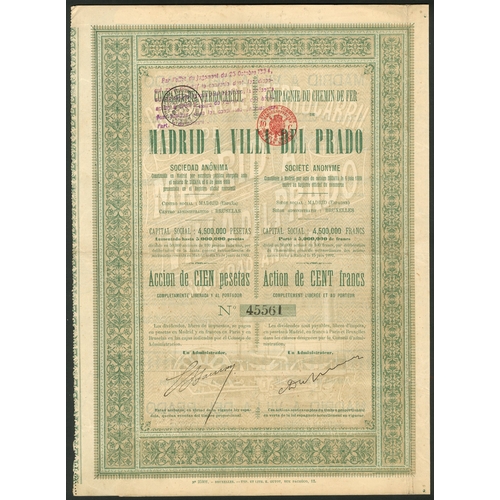 305 - Spain: Compañia del Ferrocarril de Madrid a Villa del Prado, a series of certificates compris... 