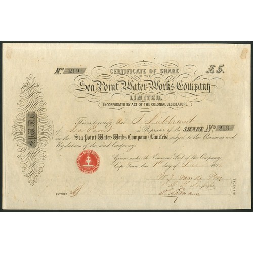 220 - South Africa: Sea Point Water-Works Co. Ltd., £5 share, 186[1], #219, black with red seal. Now an af... 