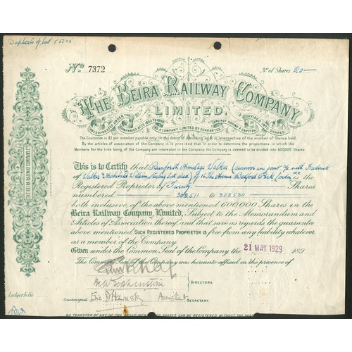 168 - Rhodesia/Mozambique: Beira Railway Co. Ltd., shares, 189[1929], #7372, green. Registered as a compan... 