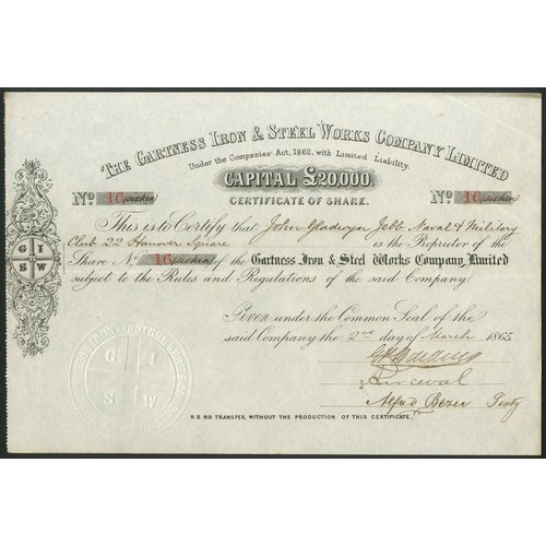 530 - Great Britain: Gartness Iron & Steel Works Co. Ltd., one share, 1865, #16, black, embossed seal,... 