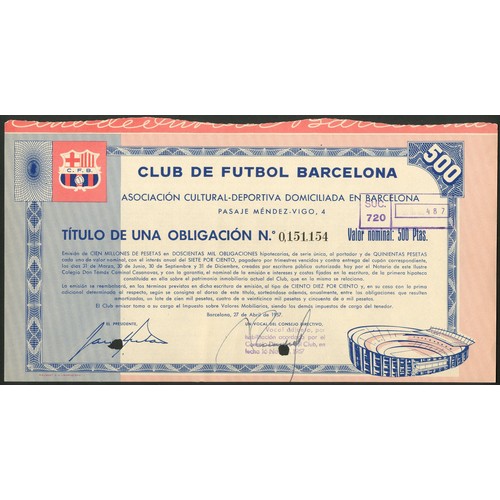 340 - ** Spain: Club de Futbol Barcelona, a group of 5 bonds for 500 pesetas, 1957, Club arms at top, stad... 