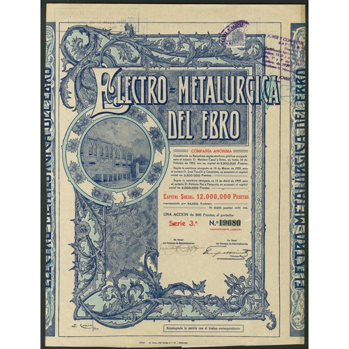 344 - ** Spain: Electro Metalurgica del Ebro, a group of 3 certificates for 500 peseta shares, 1929, attra... 