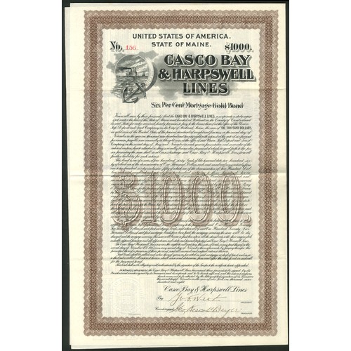 682 - U.S.A.: Casco Bay & Harpswell Lines, 6% Mortgage Gold Bond, $1000, 1908, #156, paddle steamer at... 