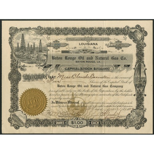 743 - U.S.A.: Baton Rouge Oil & Natural gas Company, $1 shares, 19[09], #676, derricks top left, black... 