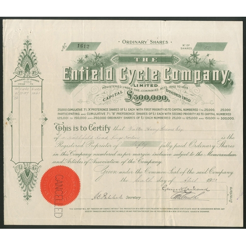 408 - Great Britain: Enfield Cycle Co. Ltd., £1 ordinary shares, 19[23], #1612, green, red seal, pun... 