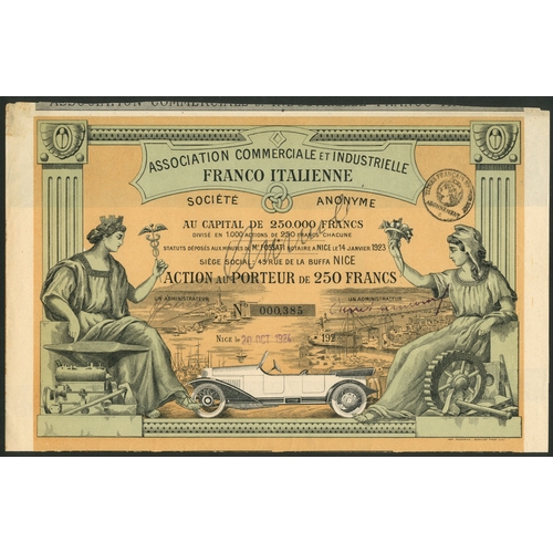 240 - France: Association Commerciale et Industrielle Franco Italienne, 250 franc share, 192[4], #385, ope... 