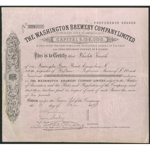 762 - U.S.A.: Washington Brewery Company Limited, £10 preference shares, 18[98], #573, black on pink paper... 