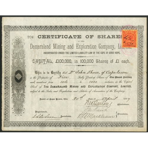 184 - South Africa: Damaraland Mining & Exploration Co. Ltd., £1 shares, 188[9], #204, black, ad... 