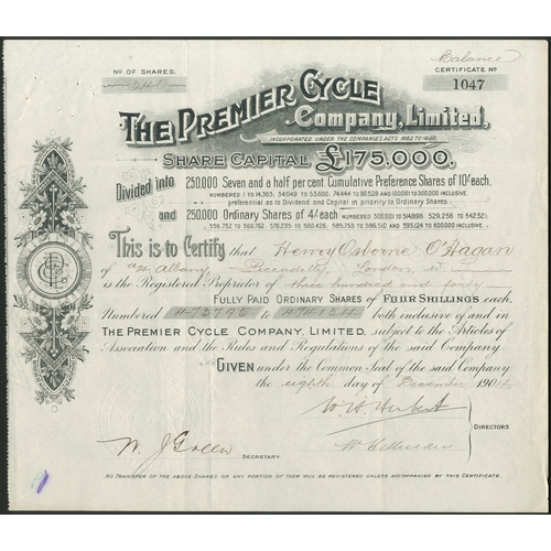 419 - Great Britain: Premier Cycle Co. Ltd., pair of certificates for 7½% preference shares of 10 s... 