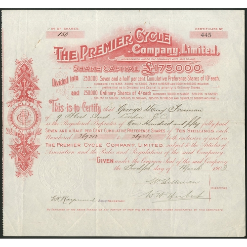 419 - Great Britain: Premier Cycle Co. Ltd., pair of certificates for 7½% preference shares of 10 s... 