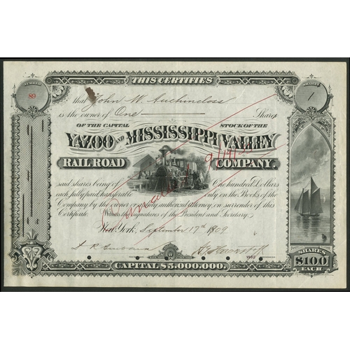 679 - ª U.S.A.: Yazoo and Mississippi Valley Rail Road Co., $100 shares, 18[1909], #89, issued to and sign... 