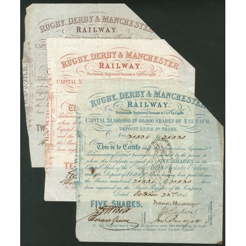 392 - Great Britain: Rugby, Derby and Manchester Railway, set of 3 scrip certificates, 1845, 5 shares, blu... 