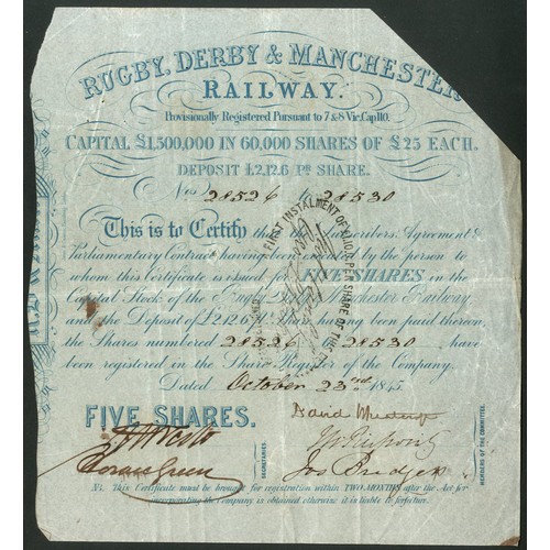 392 - Great Britain: Rugby, Derby and Manchester Railway, set of 3 scrip certificates, 1845, 5 shares, blu... 