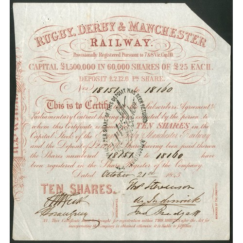 392 - Great Britain: Rugby, Derby and Manchester Railway, set of 3 scrip certificates, 1845, 5 shares, blu... 