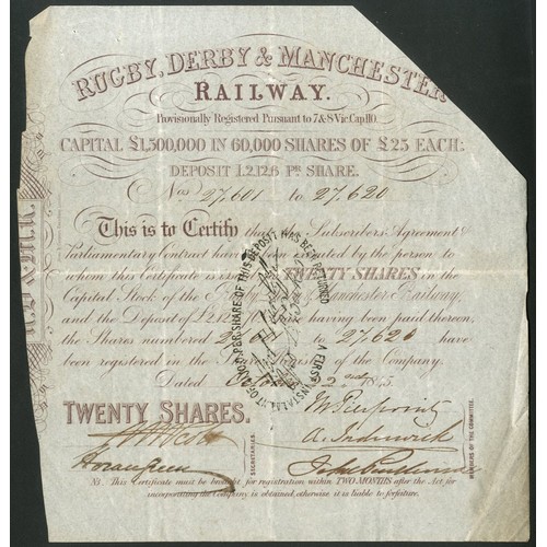 392 - Great Britain: Rugby, Derby and Manchester Railway, set of 3 scrip certificates, 1845, 5 shares, blu... 