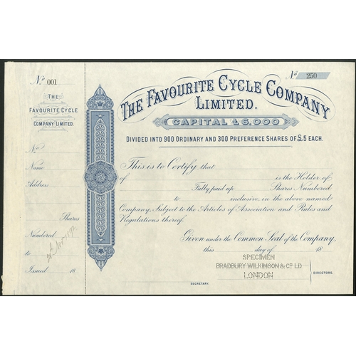 409 - Great Britain: Favourite Cycle Company Limited, a specimen certificate for £5 shares from the ... 