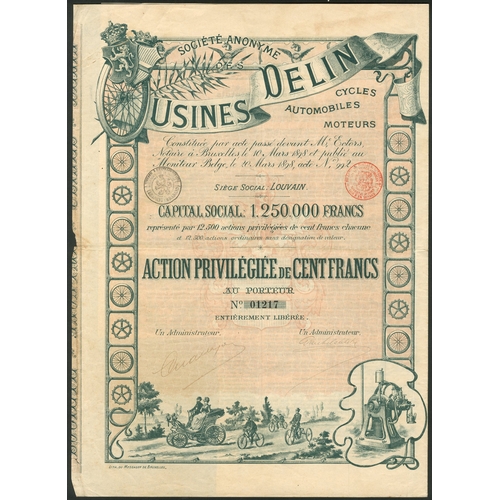 237 - Belgium: Société Anonyme des Usines Delin Cycles, Automobiles, Moteurs, 100 francs pre... 