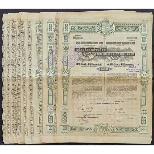 254 - Hungary: Banque Commerciale Hongroise de Pest, 4% bonds, 1911, a group of 13 bonds for 500 francs, l... 