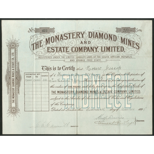 206 - South Africa: Monastery Diamond Mines and Estate Company Limited, £1 shares, 189[5], #423, bro... 