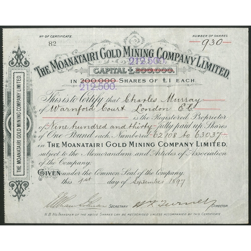 45 - New Zealand: Moanatairi Gold Mining Co. Ltd., £1 shares, [1897], #82, black, capital overprint... 