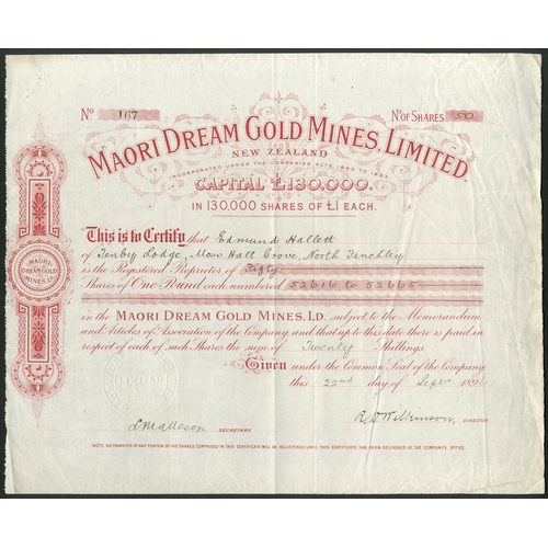 44 - New Zealand: Maori Dream Gold Mines Limited, £1 shares, 189[6], #167, scrollwork at left, attr... 