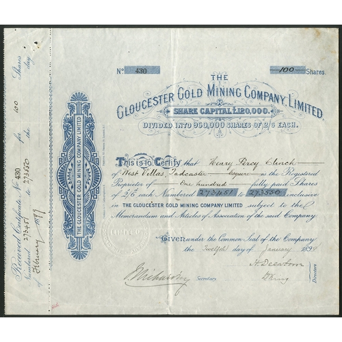 41 - New Zealand: Gloucester Gold Mining Co. Ltd., 2/6d shares, fully paid, 189[8], #430, blue. Registere... 