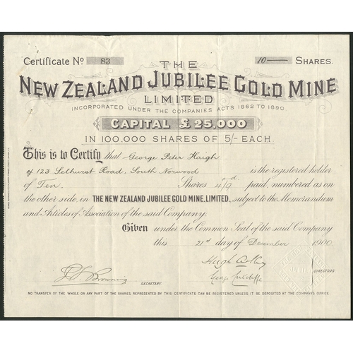 47 - New Zealand: New Zealand Jubilee Gold Mine Ltd., 5 shilling shares, 190[0], #83, mauve printing. For... 