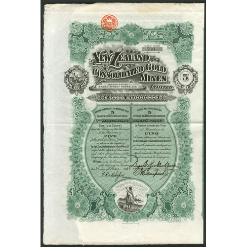 48 - New Zealand: New Zealand Consolidated Gold Mines Ltd., bearer warrant for 5 shares of £1, Lond... 