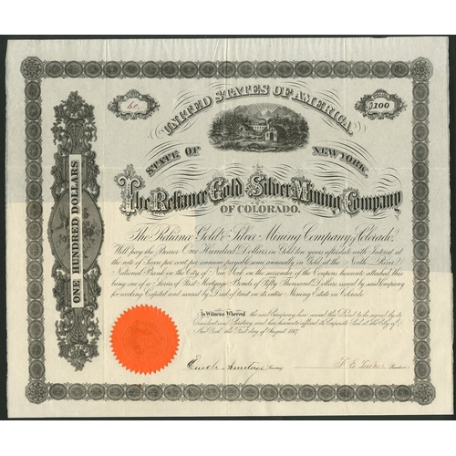 738 - U.S.A.: Reliance Gold & Silver Mining Co. of Colorado, 7% bond for $100, 1867, #60, large format... 