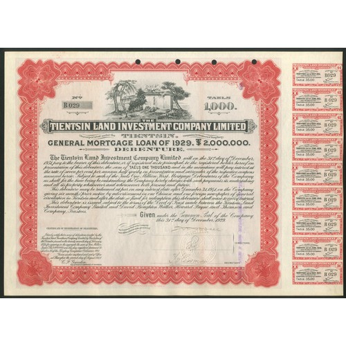 114 - China: Tientsin Land Investment Co. Ltd., Debenture for 1000 taels, 1929, #B029, vignette of shrine ... 