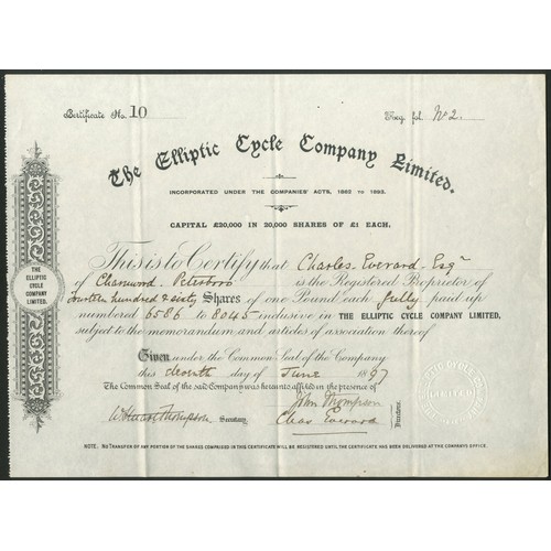 407 - Great Britain: Elliptic Cycle Company Limited, £1 shares, 18[97], #10, black. Registered 31st May 18... 