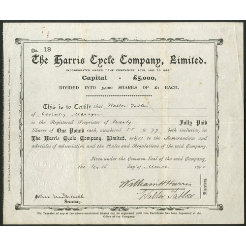 411 - Great Britain: Harris Cycle Company Ltd., £1 shares, 190[0], #18, black. Registered in 1900. Cycle m... 