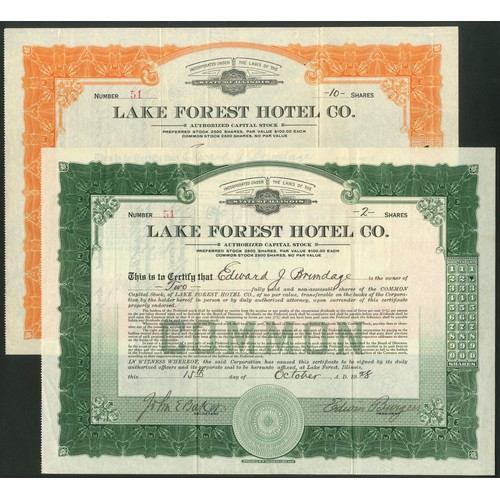 754 - ** U.S.A.: Lake Forest Hotel Company, pair of certificates, 19[28], for common stock, green, #51 and... 