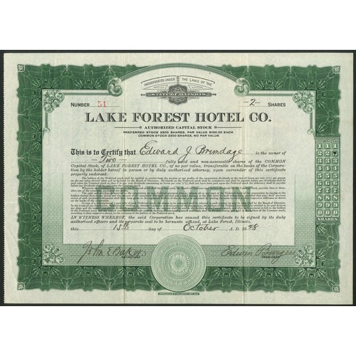 754 - ** U.S.A.: Lake Forest Hotel Company, pair of certificates, 19[28], for common stock, green, #51 and... 