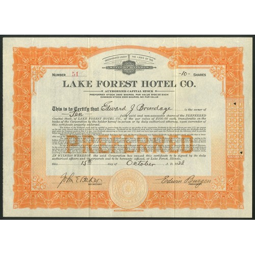 754 - ** U.S.A.: Lake Forest Hotel Company, pair of certificates, 19[28], for common stock, green, #51 and... 