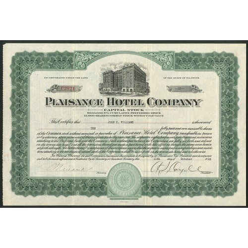 755 - ** U.S.A.: Plaisance Hotel Company, common stock, 19[22], #C2021, vignette of hotel, green. Incorpor... 