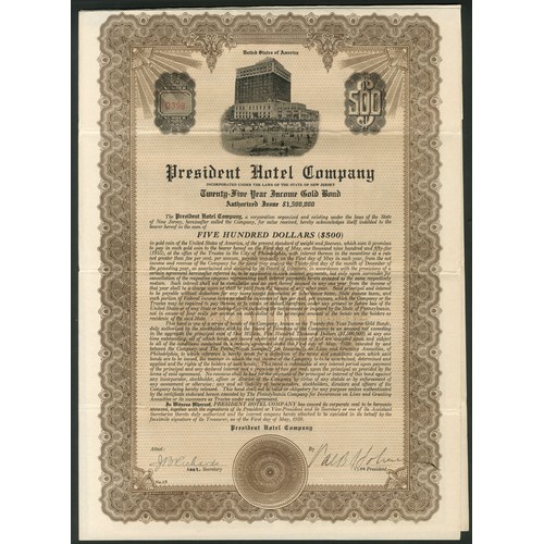 756 - ** U.S.A.: President Hotel Company, 25-Year Income Gold Bond for $500, 1930, #D398, hotel at top, br... 