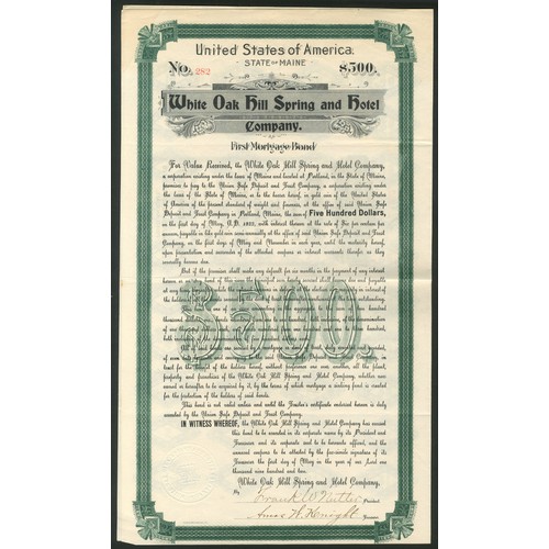 759 - ** U.S.A.: White Oak Hill Spring and Hotel Company, First Mortgage bond for $500, 1902, #282, green ... 