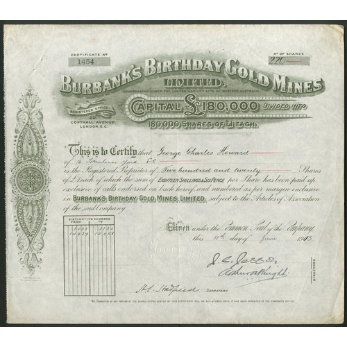 9 - Australia: Burbank's Birthday Gold Mines Ltd., £1 shares, 190[13], #1454, grey-green. Registered in ... 